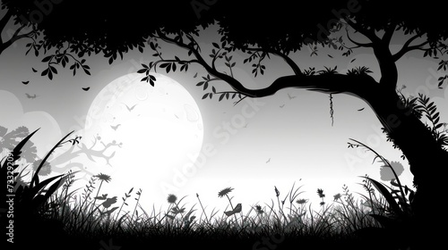 a black and white picture of a full moon in the sky with a tree and grass in the foreground.