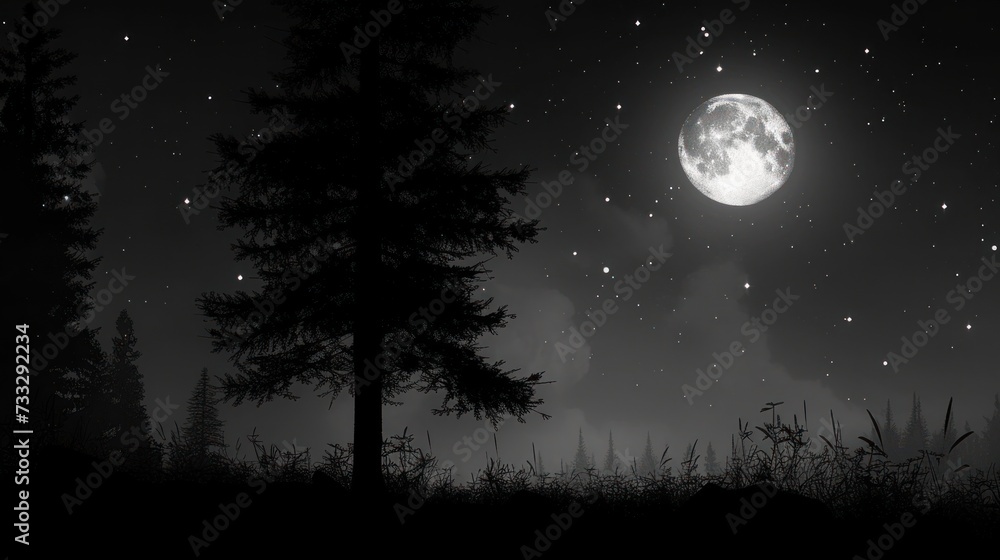 a black and white photo of the night sky with a full moon in the distance and trees in the foreground.