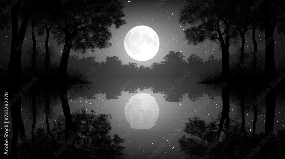 a black and white photo of a full moon over a body of water with trees in the foreground and a reflection of the moon in the water. a black and white photo of a full moon over a body of water with trees in the foreground and a reflection of the moon in the water.