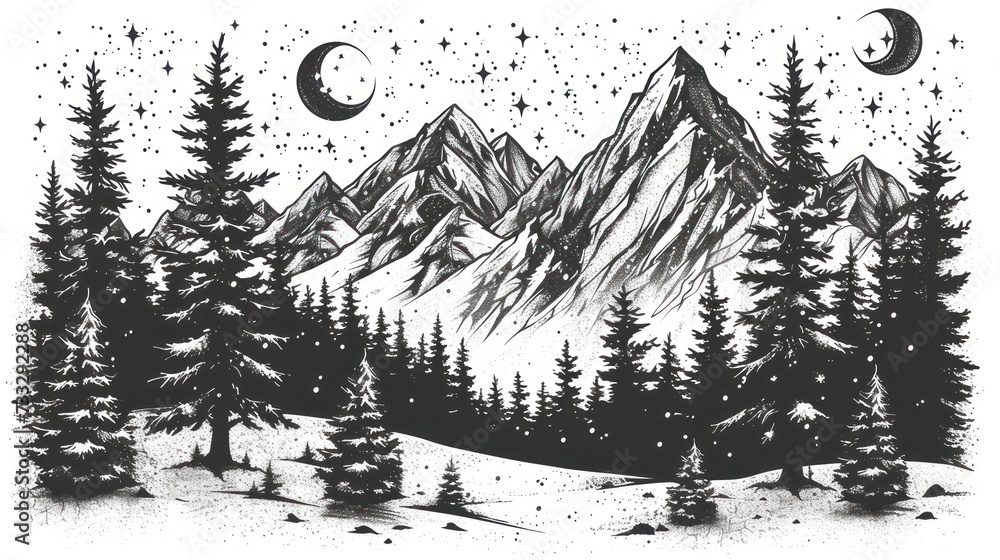 a black and white drawing of a snowy mountain scene with pine trees and a full moon in the night sky.