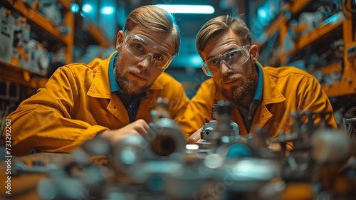 Two mature, attractive men mechanics in uniform are utilising a machine to fix or replace automotive parts, and their cooperative efforts are greatly appreciated.