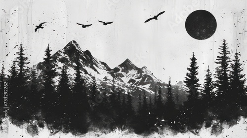 a black and white photo of a mountain with trees and birds flying in the sky and a full moon in the background. photo