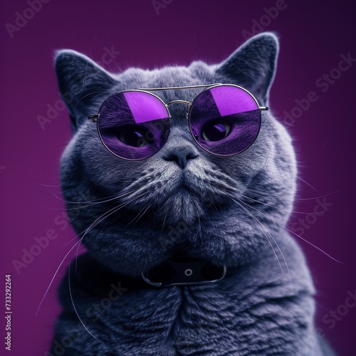 British Shorthair with Glasses on Purple Background