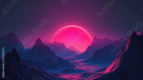 futuristic extraterrestrial mountains under a glowing pink moon