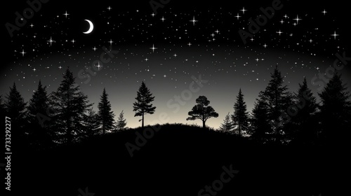 a black and white photo of a night sky with stars  trees  and a full moon in the distance.
