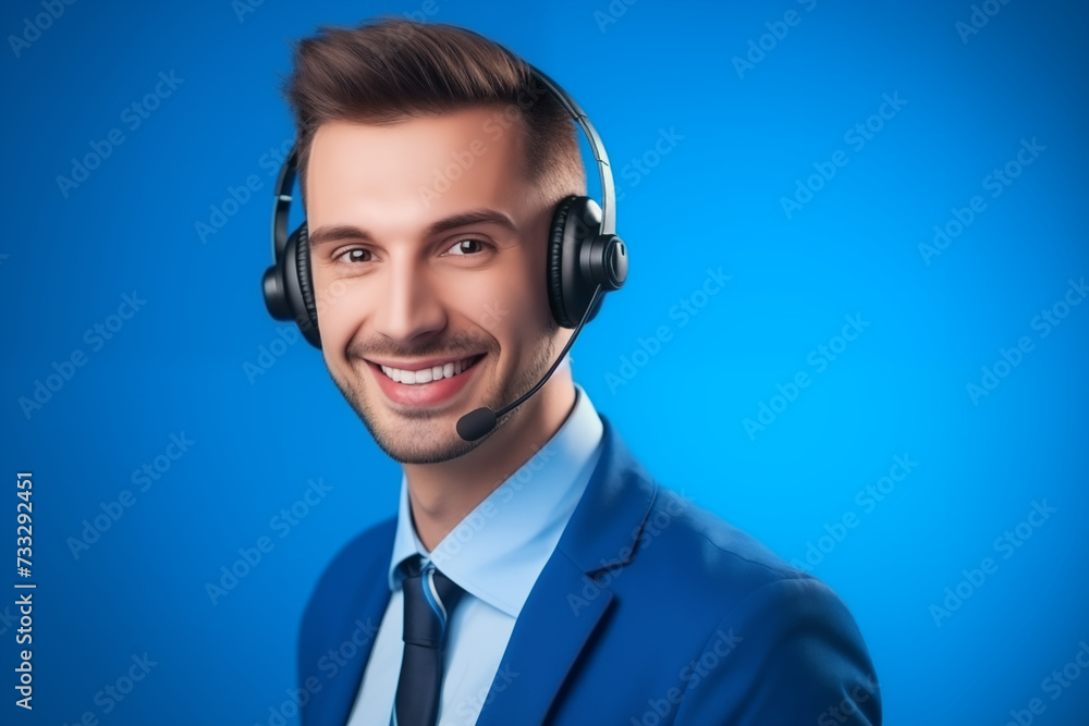 Portrait of a call center operator guy in headphones with a microphone on a blue background. Portrait of a call center operator guy in headphones with a microphone on a blue background.