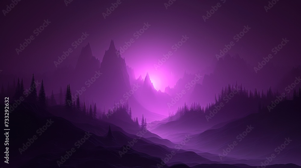 a black and purple landscape with mountains, trees, and a bright light in the middle of the night sky.