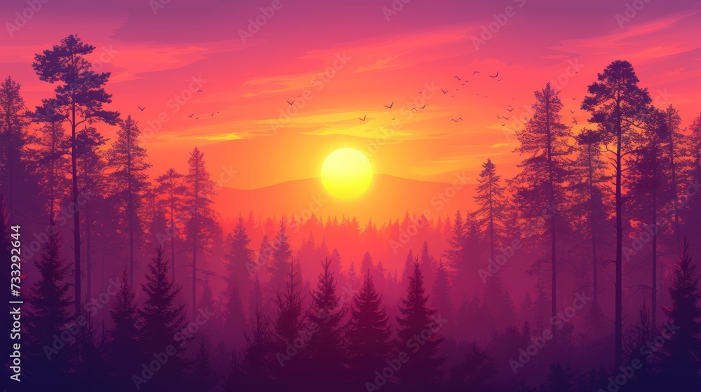 a painting of a sunset in the middle of a forest with birds flying in the sky and trees in the foreground.