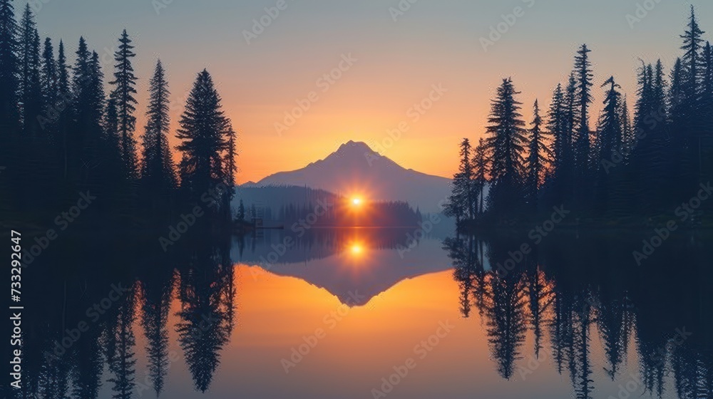 the sun is setting over a lake with trees in the foreground and a mountain in the distance with a reflection in the water.
