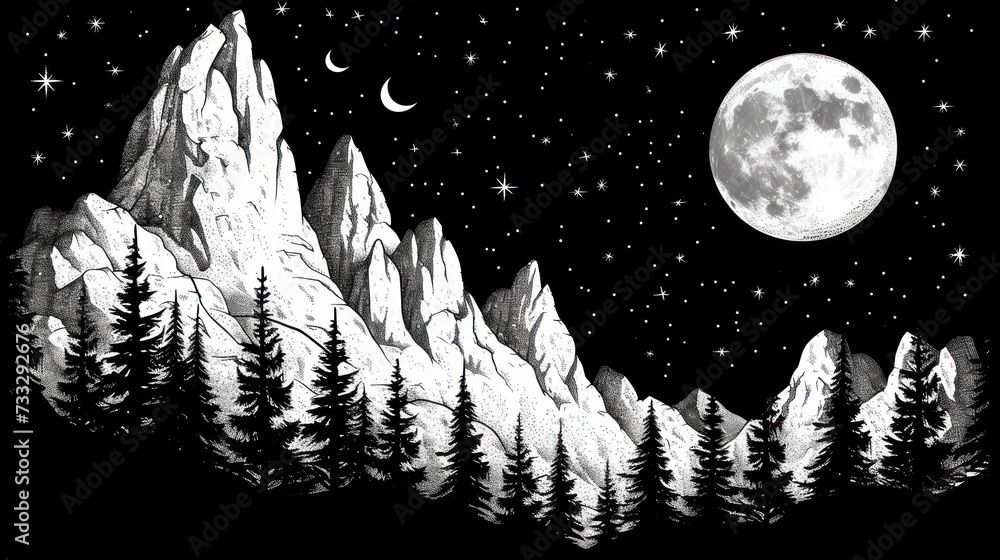 a black and white drawing of a mountain range with a full moon in the sky and stars in the sky.