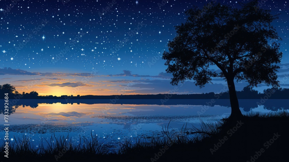 a painting of a lake with a tree in the foreground and a night sky with stars in the background. a painting of a lake with a tree in the foreground and a night sky with stars in the background.