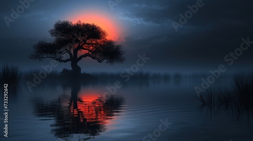 a tree in the middle of a body of water with the sun setting in the background and clouds in the sky.