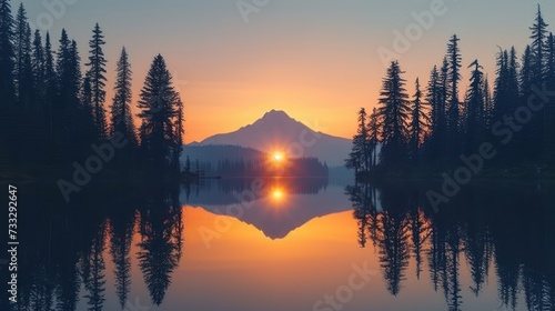 the sun is setting over a lake with trees in the foreground and a mountain in the distance with a reflection in the water. © Jevjenijs