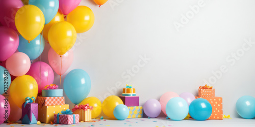 Colorful Celebration: A Joyful Birthday Party with Vibrant Balloons, Festive Decor, and Wrapped Presents on a Bright Background