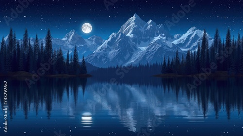 a night scene of a mountain lake with a full moon in the sky and pine trees in the foreground.