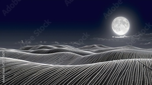 a full moon over a desert landscape with lines in the foreground and a dark sky with clouds in the background. photo