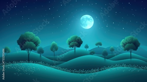 a painting of a night scene with a full moon in the sky and trees in the foreground with snow on the ground. photo