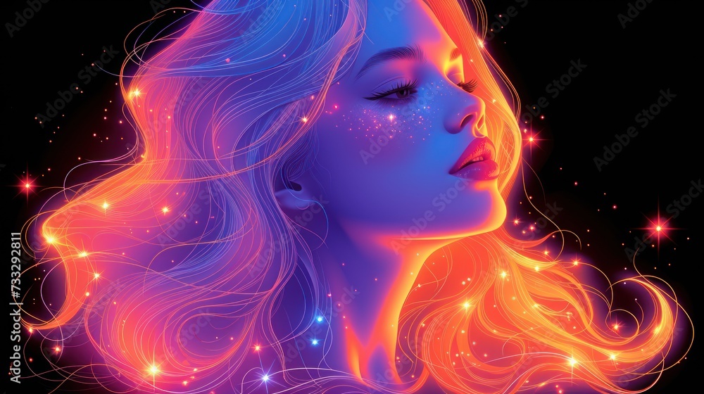 a digital painting of a woman's face with bright hair and glowing stars in the night sky behind her.