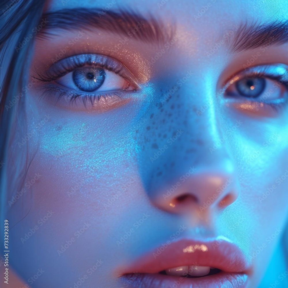 Girl with Natural Makeup on Blue Background