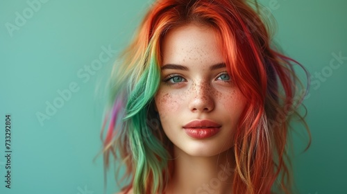 Woman with Rainbow Hair on Green Background