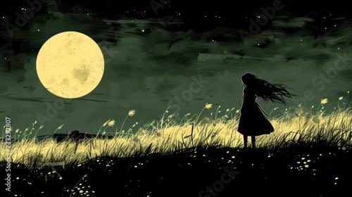 a painting of a girl standing in a field at night with a full moon in the sky in the background. photo