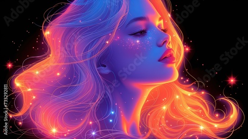 a digital painting of a woman's face with bright hair and glowing stars in the night sky behind her.