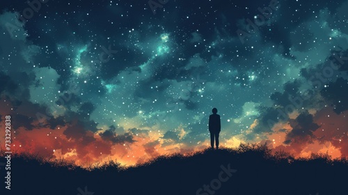 a man standing on top of a lush green field under a night sky filled with stars and a star filled sky.