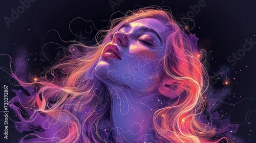 a digital painting of a woman's face with her eyes closed and her hair blowing in the wind and stars in the background.