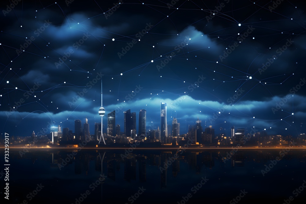 A starry night sky in a city with a blue concept