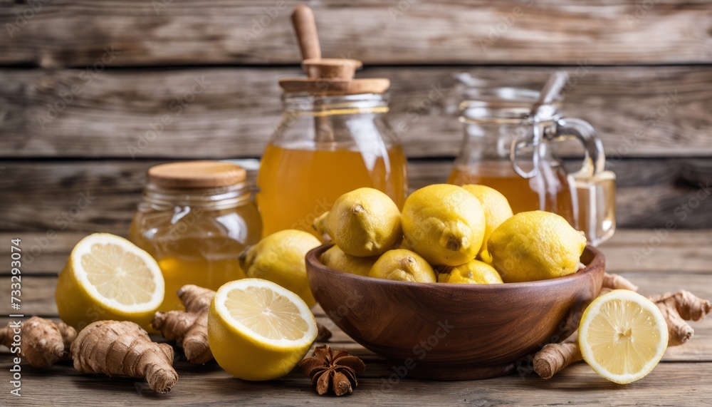 A wooden table with a bowl of lemons, a jar of honey, and a glass jar of honey A wooden table with a bowl of lemons, a jar of honey, and a glass jar of honey