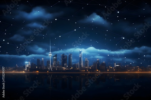 A starry night sky in a city with a blue concept