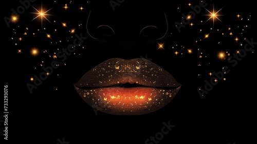 a close up of a woman's lips with stars in the sky behind her and a black background with gold stars.