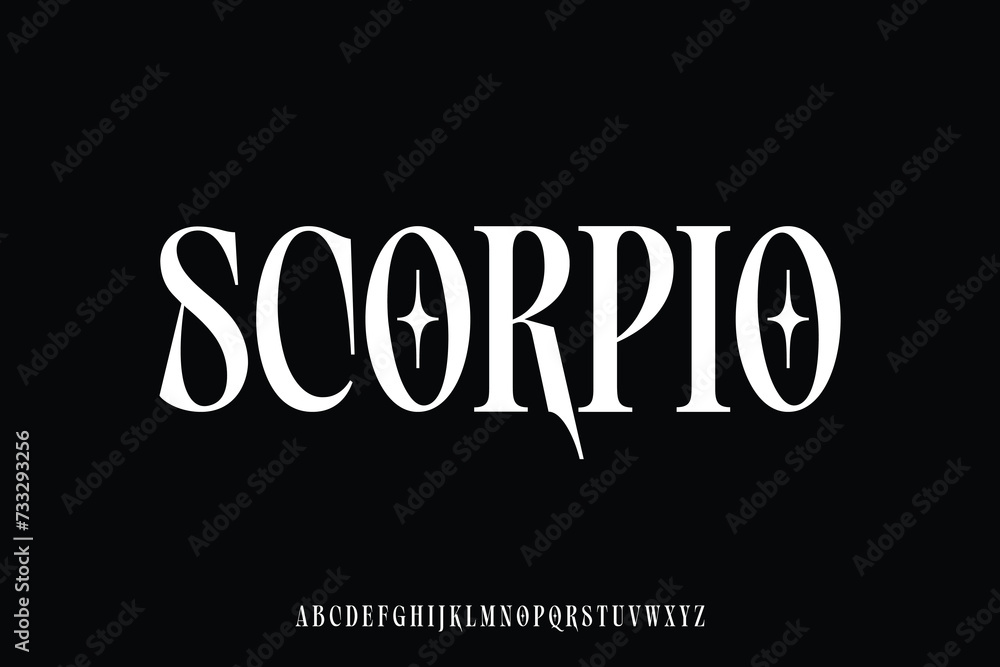 Unique decorative condensed serif alphabet display font vector. Attractive scorpio typeface