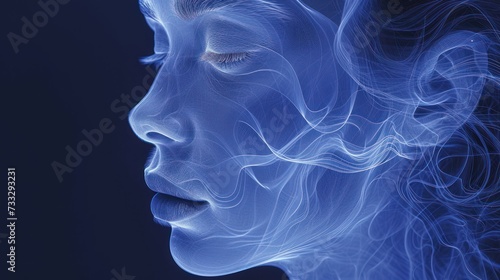 a close up of a person's face with smoke coming out of the side of the face and a black background.