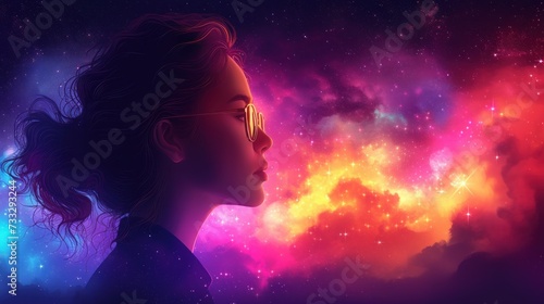 a painting of a woman with glasses in front of a colorful sky filled with stars and a cloud of stars.