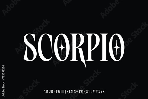 Unique decorative condensed serif alphabet display font vector. Attractive scorpio typeface