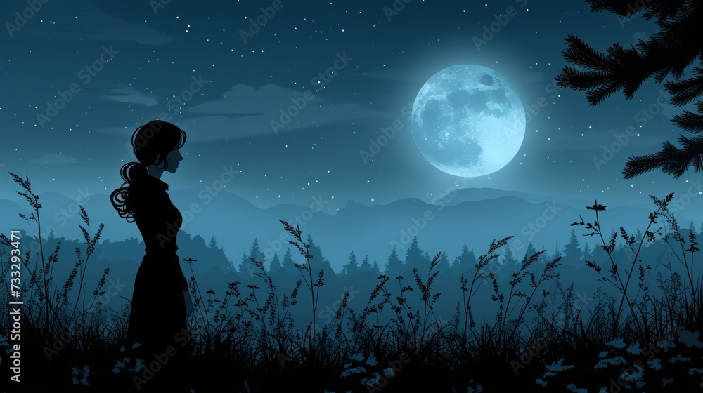 a silhouette of a woman standing in a field at night with a full moon in the sky in the background. a silhouette of a woman standing in a field at night with a full moon in the sky in the background.