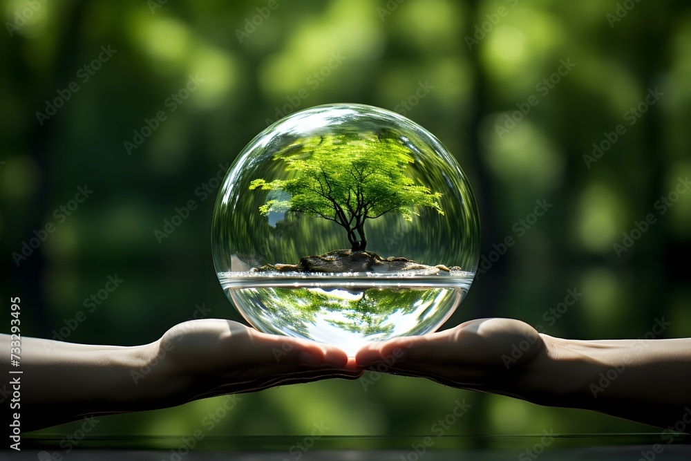 Holding earth and trees inside a transparent, round glass ball in both slender hands.