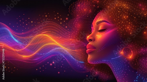 a woman with her eyes closed and her hair blowing in the wind in front of a colorful background with stars.