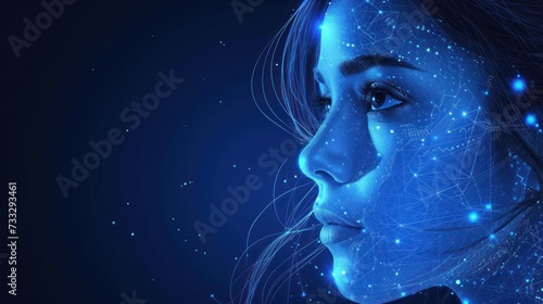 a close up of a woman's face with lines and dots all over her face and a blue background.