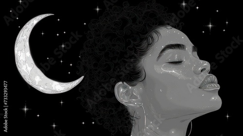 a drawing of a woman with her eyes closed with a crescent moon and stars in the sky in the background. photo