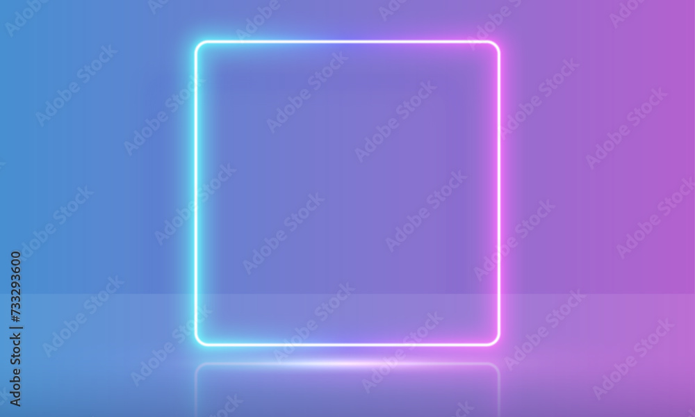 Vector 3d render, square glowing in the dark, pink blue neon light, illuminate frame design. Abstract cosmic vibrant color backdrop. Glowing neon light. Neon frame with rounded corners. Vector 3d render, square glowing in the dark, pink blue neon light, illuminate frame design. Abstract cosmic vibrant color backdrop. Glowing neon light. Neon frame with rounded corners.