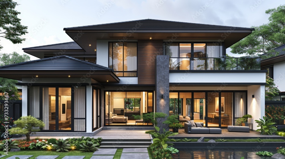 Fototapeta premium Modern house facade design with warm white lights. 3d facade.