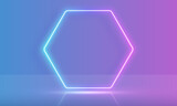 Vector 3d render, hexagon glowing in the dark, pink blue neon light, illuminate frame design. Abstract cosmic vibrant color backdrop. Glowing neon light. Neon frame with rounded corners.