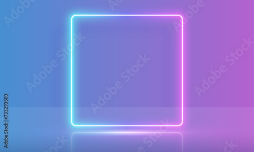 Vector 3d render, square glowing in the dark, pink blue neon light, illuminate frame design. Abstract cosmic vibrant color backdrop. Glowing neon light. Neon frame with rounded corners.