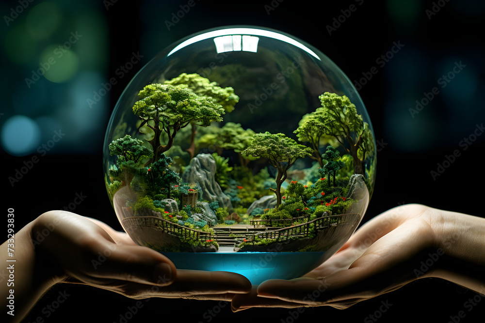 Holding earth and trees inside a transparent, round glass ball in both slender hands.