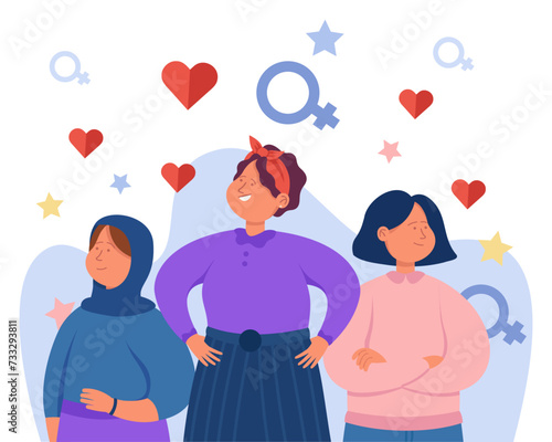 Women of different nationalities celebrating International womens day vector illustration. Venus signs, stars, hearts on background.  Empowerment, equity, womens rights, equality concept