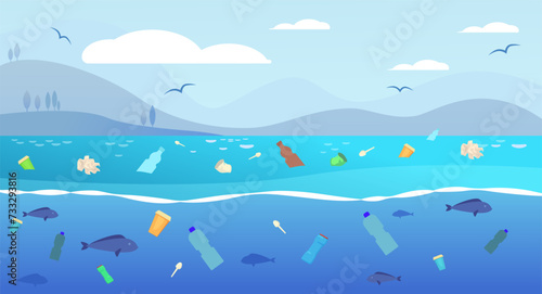 Ocean full with different garbage vector illustration. Bottles, packages, plastic cup and spoons causing harm to marine fauna. Environment, ecology, water pollution concept