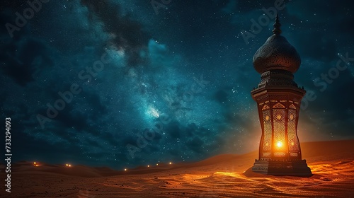 Lantern in the desert at night with camel, ramadan kareem banner background concept