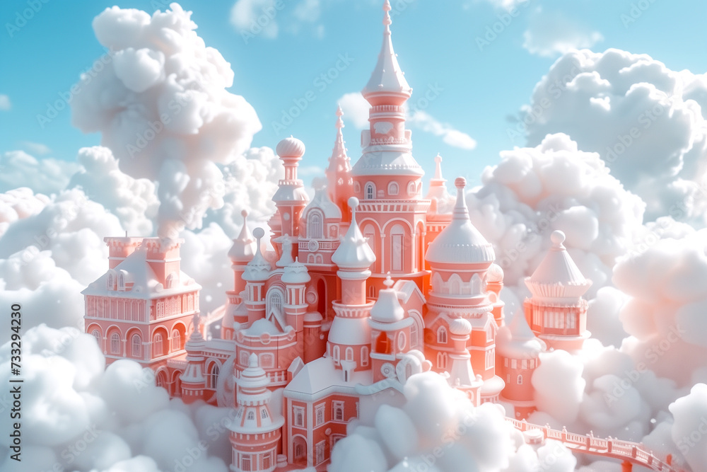 Dream castle. Concept of dreaming in the clouds. A dreamy castle in pastel colors in fluffy cotton candy clouds, sweet hills. Fairy tale scene Dream castle. Concept of dreaming in the clouds. A dreamy castle in pastel colors in fluffy cotton candy clouds, sweet hills. Fairy tale scene